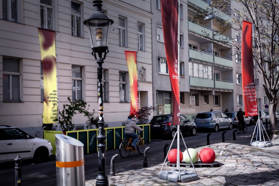 Graetzeloase and banner flags with written poetry: scenography festival center of Klima Biennale Wien at KunstHausWien by JASCHA&FRANZ and Andrea Grill