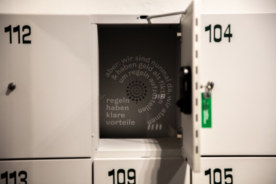 Deatil of a text fragment in a locker: scenography festival center of Klima Biennale Wien at KunstHausWien by JASCHA&FRANZ and Andrea Grill